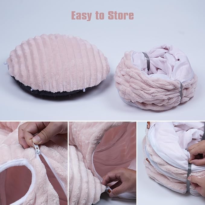 Cat Tunnel Bed,Cat Tunnel Bed with Soft Central Cat Couch,Cat Toys for Indoor Cats,Collapsible Peekaboo Cat Cave,Cat Donut Tunnel and Kitty Toy Set(Pink Stripe,Donut)
