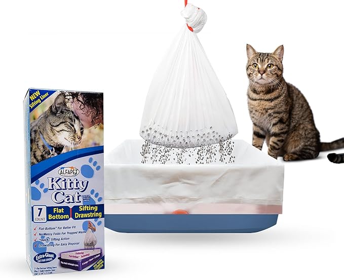 Self Sifting Kitty Litter Box Liners, Set of 7 - Flat Base Disposable Cat Waste Tray Bags for Pet Poop - XL Design for Large Trays - With Inbuilt Drawstring Handles - Liner Fits the Corner of the Pan