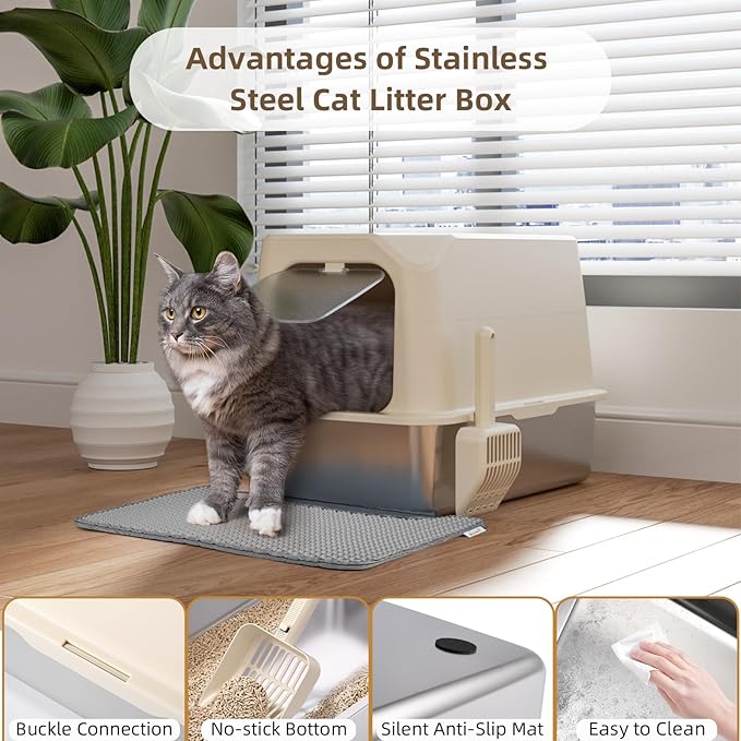 Stainless Steel Cat Litter Box with Lid, Extra Large Litter Box, Great for Large & Small Cat, Easy to Clean, Anti-Leakage, Non-Sticky, Multifunctional 2 in-1 Metal Cat Litter Box - Beige