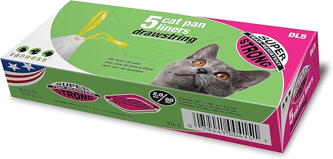 Van Ness Pets Litter Box Liners: Super Strong, Heavy Duty, Tear Resistant Cat Litter Bags, Drawstring Close, Jumbo, 5 Count, 36” x 18”, Style DL5