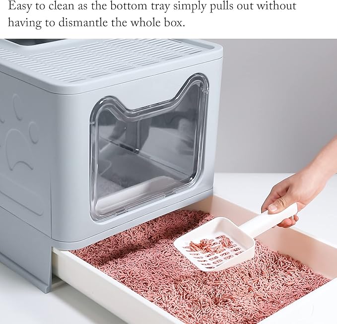 ROCCS Foldable Cat Litter Box with Lid,No Smell Large Top Entry Litter Box with Cat Litter Scoop,Covered Drawer Type Kitty Potty,Including Fur Brush & Cleaning Glove,Grey 20" x 16" x 15"