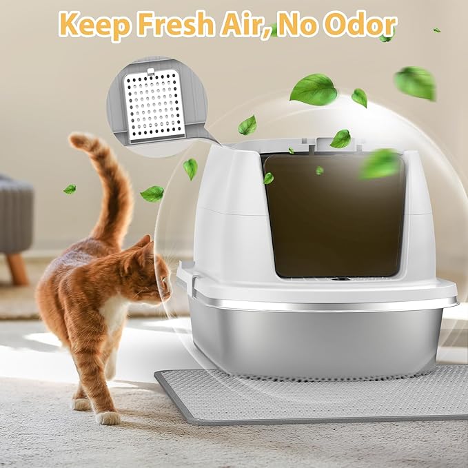 Stainless Steel Litter Box with Lid,Large Enclosed Cat Litter Box, Covered Metal Litter Tray for Easy Cleaning & Odor Control, Includes Scoop and Litter Mat, Hooded Cat Litter Pan for Kitten (White)