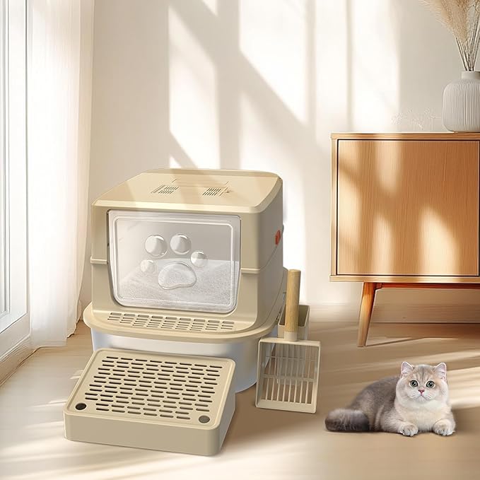 Stainless Steel Cat Litter Box with Lid, 3 in 1 Removable Litter Box for Big/Multiple Cats, High Sides Kitty Litter Pan, Leak-Proof XL Extra Large Enclosed Metal Litter Box Easy Clean with Scoop & Mat