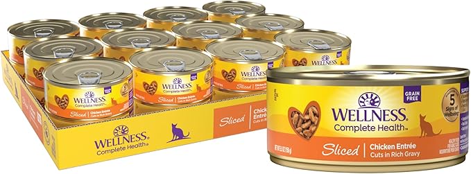 Wellness Complete Health Natural Grain Free Wet Canned Cat Food, Sliced Chicken Entrée in Rich Gravy, 5.5-Ounce Can (Pack of 24)