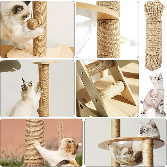 Cat Scratcher Replacement Rope - KDAOQN 1/4 inch Natural Hemp Rope, Rope for Cat Scratching Post, Cat Tower Repair Rope Cat Tree Rope Replacement, Odorless Jute Twine Rope (33FT)
