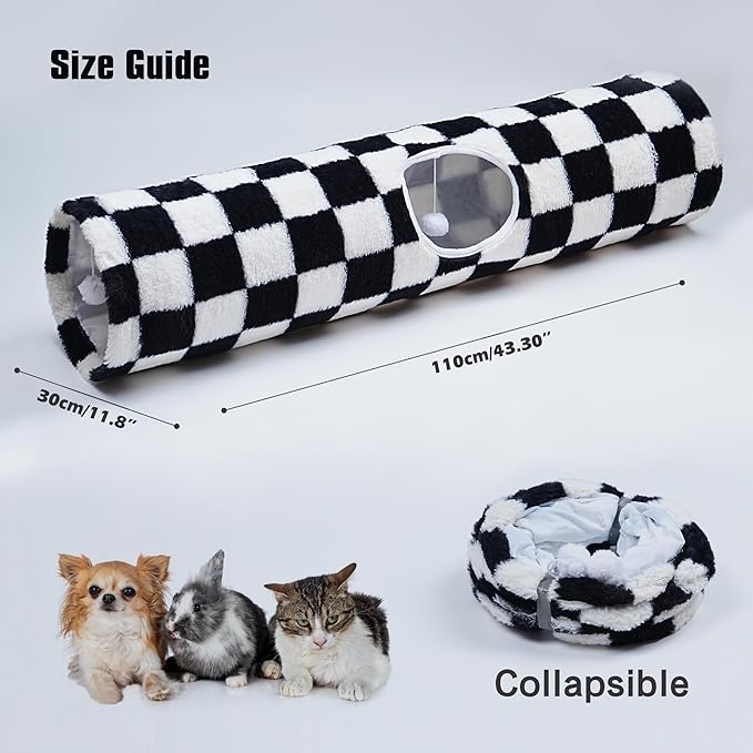 Luxurious Cat Tunnel,43" Straight Cat Tunnel Bed with Balls,Cat Toys for Indoor Cats,Collapsible Peekaboo Cat Cave for Kitten Toys(White and Black)