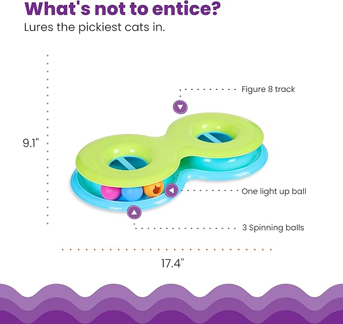 Catstages Infinity Ball Track for Cats with Two Balls, Including One Light-Up Ball, Figure-8 Shaped Cat Ball Track Compatible Topper Toys, Green