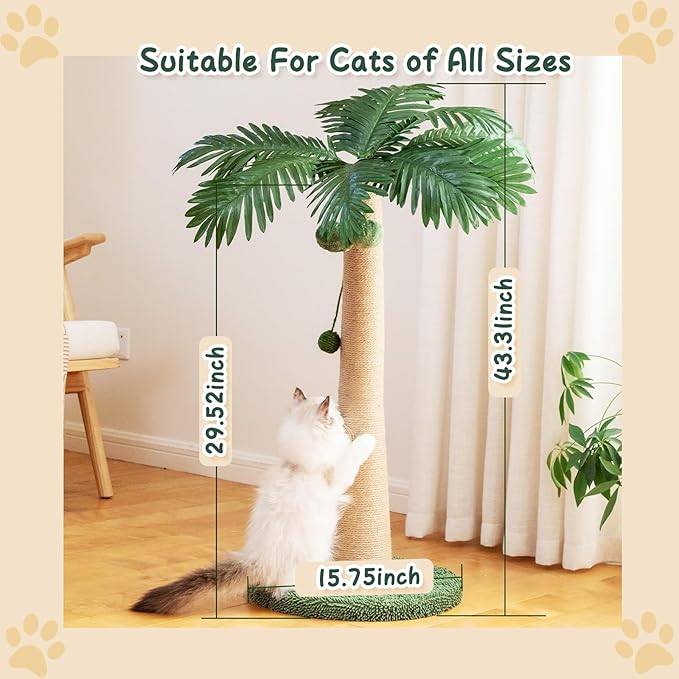 43 Inches Cat Scratching Post, Large Cat Scratching Post, Sisal Scratcher with 3 Hanging Pompoms for Indoor Cats (Tall Round Base)