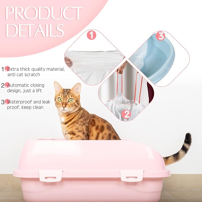 Sabary 80 Count Cat Litter Box Liners Jumbo Kitty Pan Bags with Drawstring Sturdy Hdpe Material for Cat Pet Waste Litter Box Tray, Pink, 36 x 18 Inch