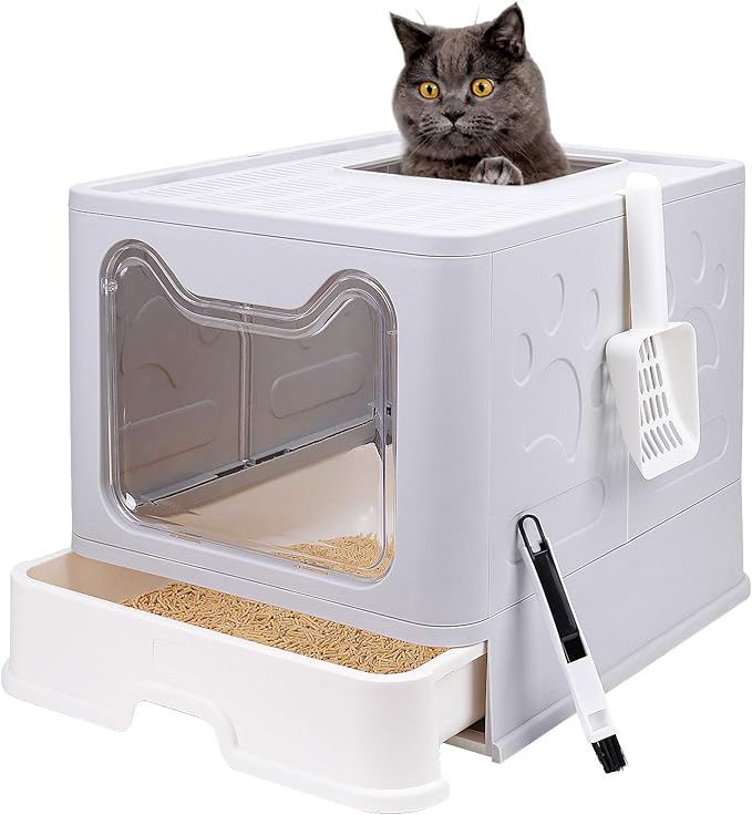 Foldable Cat Litter Box with Lid, Enclosed Cat Potty, Top Entry Anti-Splashing Cat Toilet, Easy to Clean Including Cat Litter Scoop and 2-1 Cleaning Brush (Grey) Large