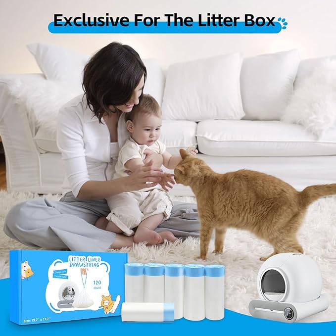 120 Count Self Cleaning Cat Litter Box Liners Bag Fit For MeoWant MW-SC01,MW-SC02, Drawstring Heavy Duty Cat Litter Receptacles Bags Compatible with Automatic Cat Litter Box-17.7" x 19.68"