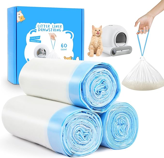 60 Count Self Cleaning Cat Litter Box Liners Bag Fit For MeoWant MW-SC01,MW-SC02, Drawstring Heavy Duty Cat Litter Receptacles Bags Compatible with Automatic Cat Litter Box-17.7" x 19.68"