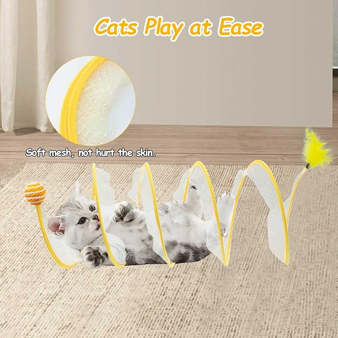 Cat Tunnel, 1PCS Folded Cat Tunnel Toy, Yellow Sisal Hemp Ball Tube Cat Springs for Indoor with Feather, Mouse Toys Interactive Cat Toy Tunnel Self-Happy Cat Toys, S-Type Collapsible Tent