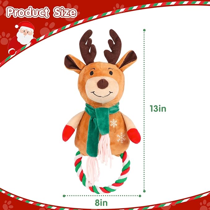 Squeaky Dog Toys - 1Pcs Christmas Elk Squeak Rope Chew Toy, Interactive Christmas Dog Toy Gifts for Small Medium and Large Breed