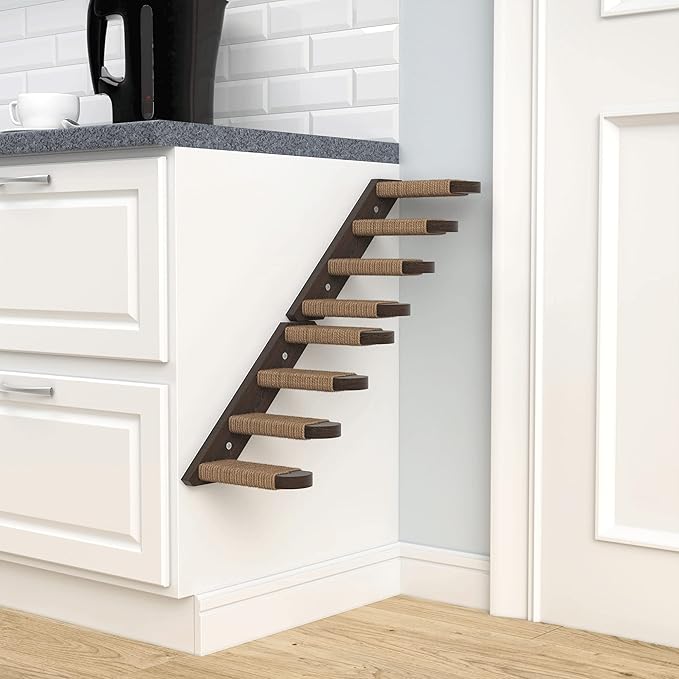 Skywin Cat Steps - Solid Rubber Wood Cat Stairs Great for Scratching and Climbing - Easy to Install Wall Mounted Cat Shelves for Playful Cats (Brown, Left to Right)