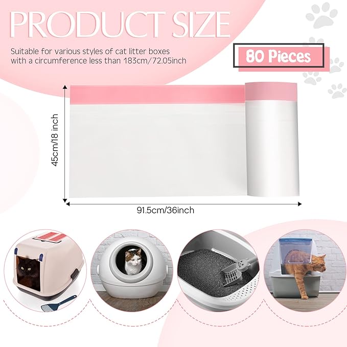 Sabary 80 Count Cat Litter Box Liners Jumbo Kitty Pan Bags with Drawstring Sturdy Hdpe Material for Cat Pet Waste Litter Box Tray, Pink, 36 x 18 Inch