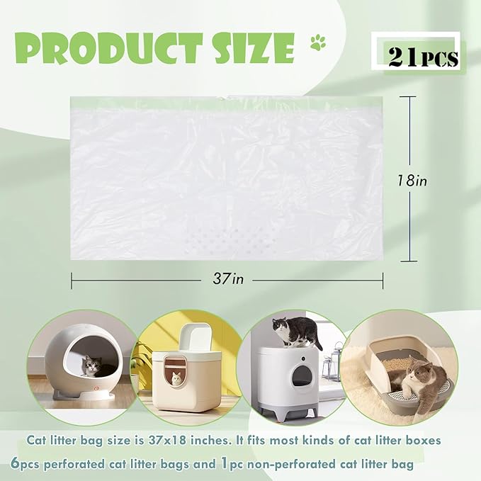 21 Count Cat Litter Box Liners,37x18 inch Heavy Duty Self-Cleaning Cat Litter Bags with Drawstring,Disposable Tear-resistant Poop Bag for Pets