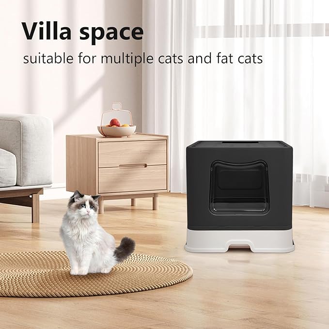 Foldable Cat Litter Box with Lid, Jumbo Enclosed Cat Potty, Top Entry Anti-Splashing Cat Toilet, Easy to Clean Including Cat Litter Scoop and 2-1 Cleaning Brush (Black) Extra Large