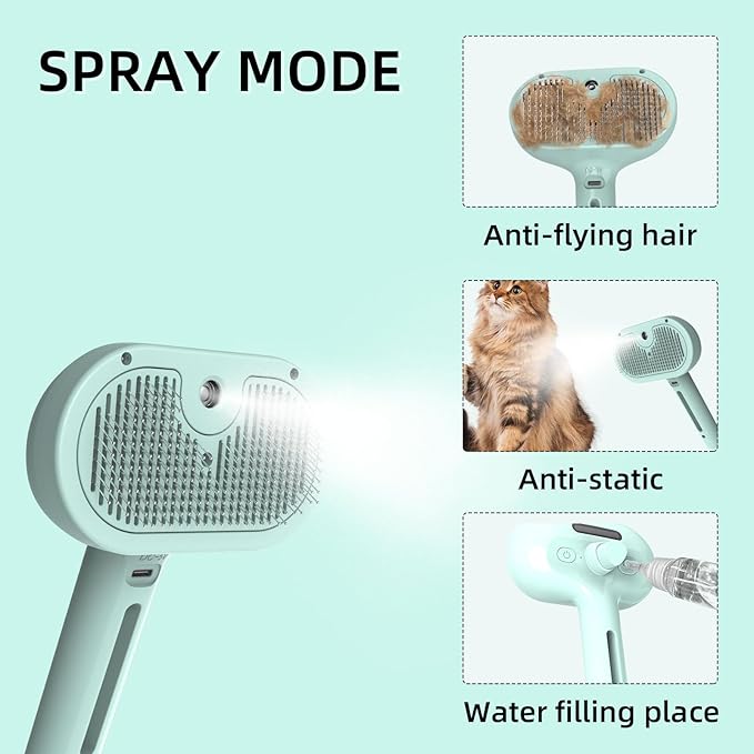 SmartTail Hair Brush for Shedding, 2-In-1 Cat Steam Brush, Self Cleaning Pet Grooming Brush, Cat Brushes for Indoor Cats and Dogs, Green
