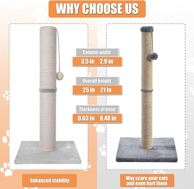 MumMarmot's Cat Scratching Post with Premium Sisal Rope 3.25Inch Large Diameter Scratcher Post for Indoor Cats Beige(25 inch)