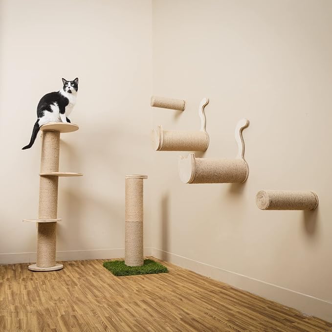 On2Pets Cat Furniture Wall-Mounted Scratcher Cat Steps, Sisal Rope Scratching Posts Floating Cat Wall Perches, Set of 2 with Cat face and Tail