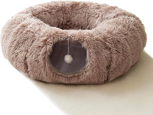 HIPIPET Winter Plush Cat Tunnel with Cat Bed for Indoor Cats,Multifunctional Cat Toys for Small Medium Large Cat.(Light Brown)