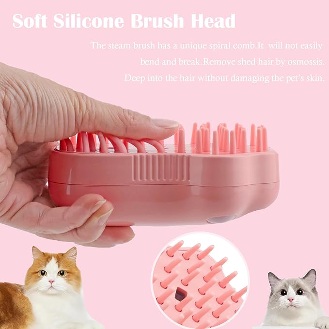 Cat Steam Brush,4 in 1 Spray Cat Brush, Pets Grooming Brush for Shedding, Portable Pet Hair Removal Tool For Cats and Dogs, Pets Steamy Brush,Pink