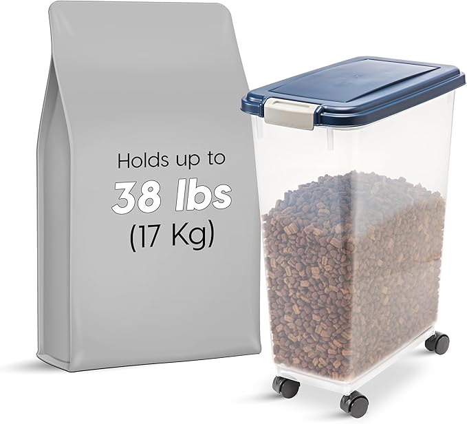 IRIS USA Airtight Dog Food Storage Container, Up to 38 lbs, Attachable Wheels, For Dog Cat Bird and Other Pet Food Storage Bin, Keep Fresh, Translucent Body, Easy Mobility, Navy