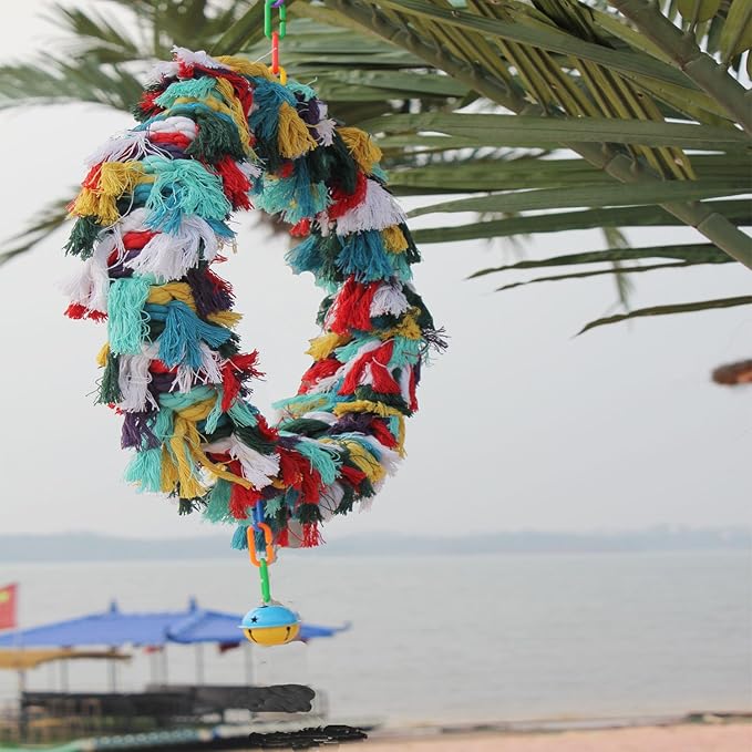 2Pcs Bird Swing,Bird Swing Toy,Bird Colorful Cotton Rope Hanging Ring Parrot Preening Grooming Chew Climb Biting Toy ,Large Bird Toys