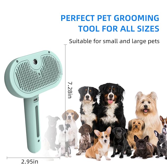 SmartTail Hair Brush for Shedding, 2-In-1 Cat Steam Brush, Self Cleaning Pet Grooming Brush, Cat Brushes for Indoor Cats and Dogs, Green
