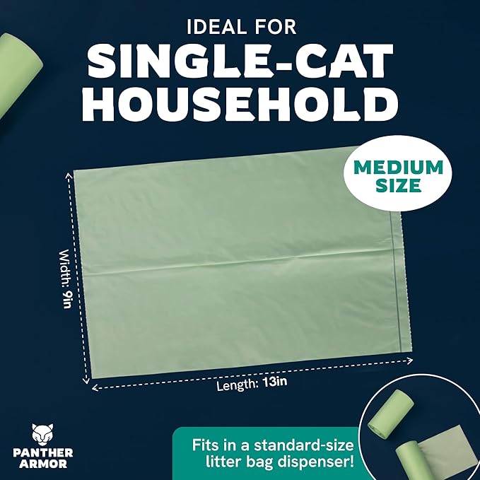 Panther Armor Cat Litter Bags for Poop - 100x Unscented Pet Waste Bags, 13x9in Leak Proof Kitty Litter Bags - Odor Proof, Easy Open Dispenser Box of Cat Poop Bags