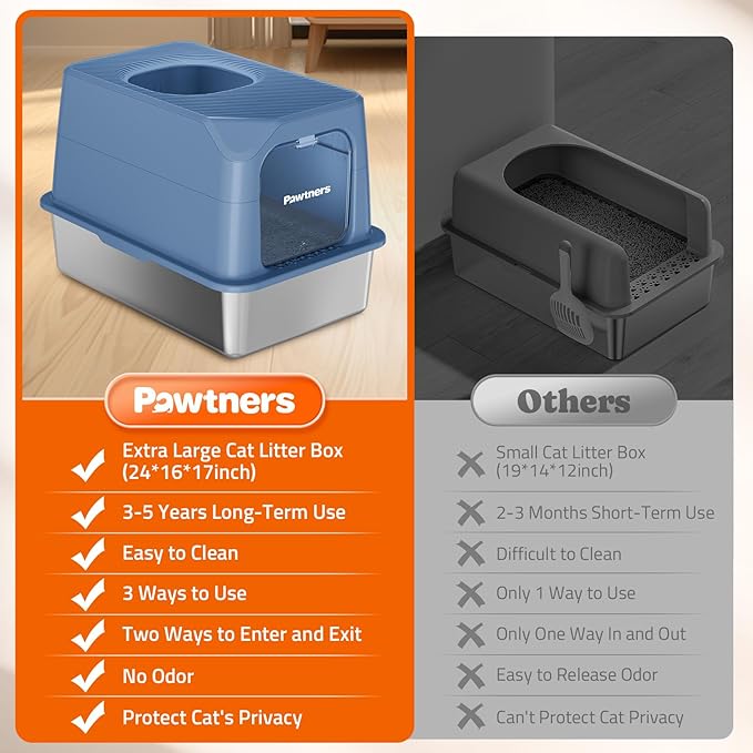 Pawtners Cat Litter Box, XL Extra Large Stainless Steel Kitty Litter Pan, Front Entry Top Exit Enclosed Metal Cat Toilet for Odor Control with Removable Lid & Scoop, Anti-Leakage, Easy to Clean, Blue