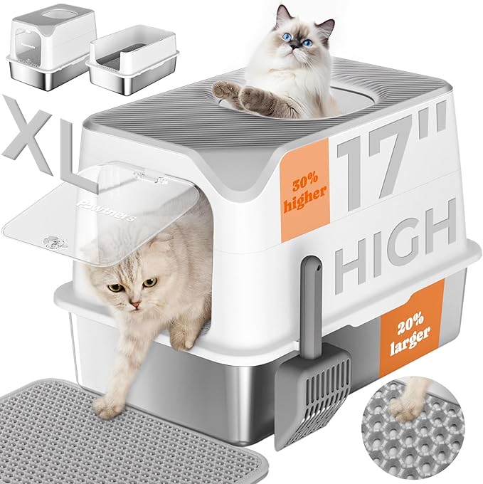 Pawtners Stainless Steel Cat Litter Box, XL Extra Large Kitty Litter Pan, Front Entry Top Exit Enclosed Metal Cat Toilet for Odor Control with Removable Lid & Scoop & Mat, Anti-Leakage, Easy to Clean