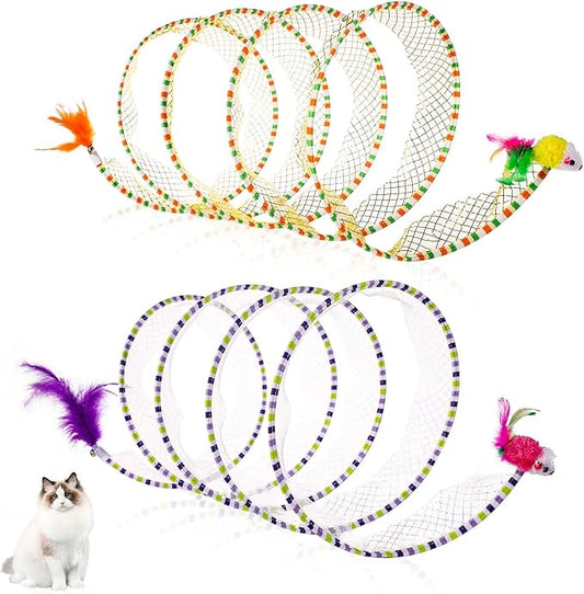 2pcs Cat Tunnels for Indoor Cat, S Type Folded Cat Tunnel Spring 10in Large Size Collapsible Spiral Cat Toy with Feather and Mouse Toy for Pet Puppy Kitten Interactive Exercise(Striped Yellow, Purple)