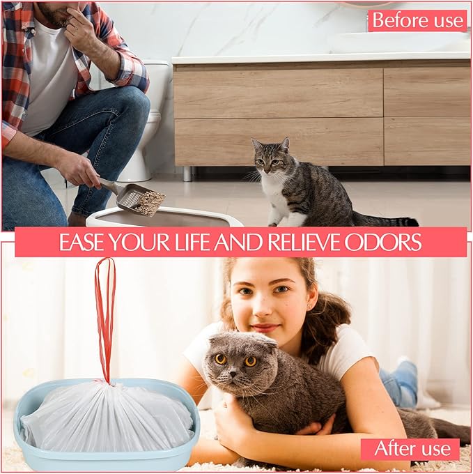 Sabary 80 Count Cat Litter Box Liners Jumbo Kitty Pan Bags with Drawstring Sturdy Hdpe Material for Cat Pet Waste Litter Box Tray, Pink, 36 x 18 Inch