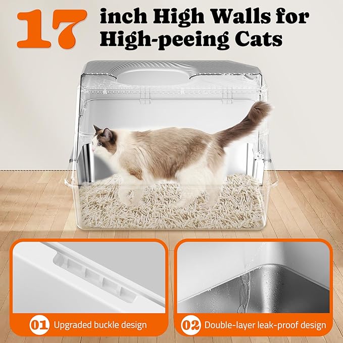 Pawtners Stainless Steel Cat Litter Box, XL Extra Large Kitty Litter Pan, Front Entry Top Exit Enclosed Metal Cat Toilet for Odor Control with Removable Lid & Scoop & Mat, Anti-Leakage, Easy to Clean