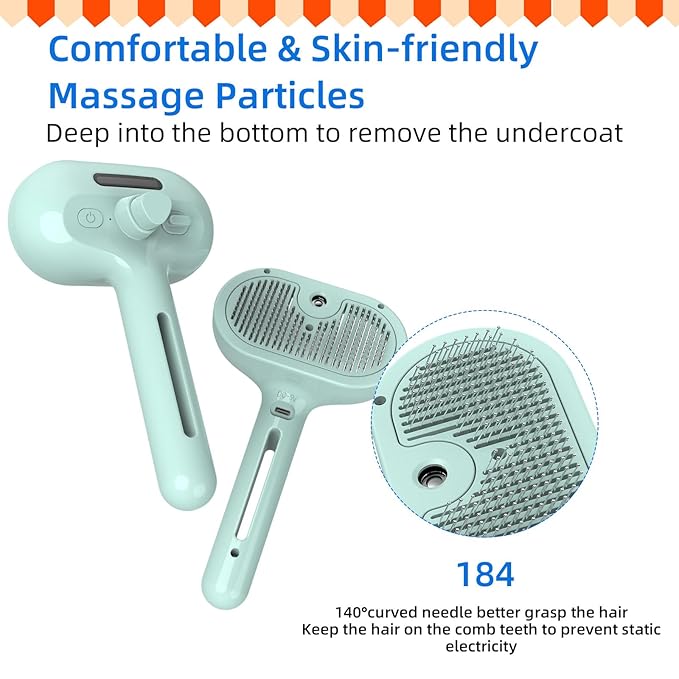 SmartTail Hair Brush for Shedding, 2-In-1 Cat Steam Brush, Self Cleaning Pet Grooming Brush, Cat Brushes for Indoor Cats and Dogs, Green