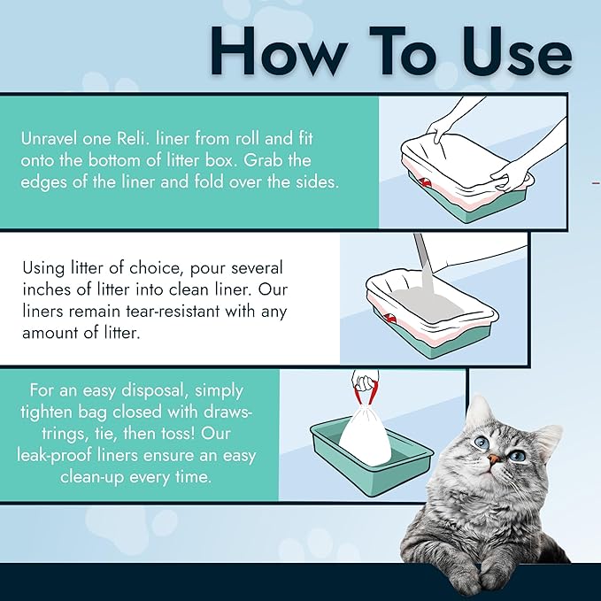Reli. Cat Litter Box Liners (18 Count), Jumbo | Drawstring Litter Box Liner | Heavy Duty for Cat Pan, Pet Waste | Kitty Poop Bags, Drawstring Handles (White)