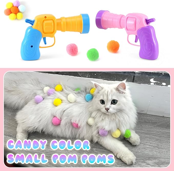 102Pcs Cat Ball Toy Launcher Gun,Cat Balls Fetch Toy - Includes 100 Colorful Plush Cat Balls and 2 Exciting Launchers Set,for Bored Indoor Adult Cats, Cute Kitten Kitty Toys
