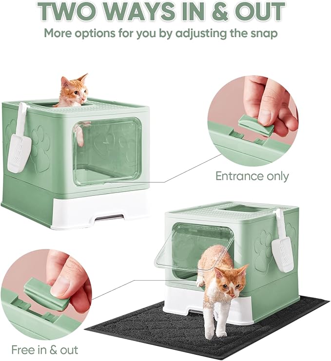 Cat Litter Box with X-Large Litter Mat and Scoop, Large Foldable Litter Box with Lid, Front Top Entry Exit Kitty Litter Box, Odor Control Easy Clean (Upgrade Green)