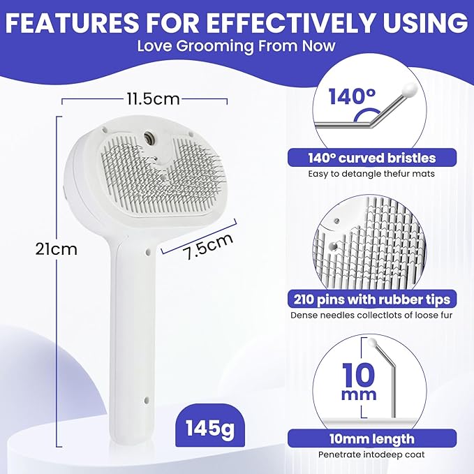 Cat Steam Brush, Pet Steamy Brushes for Indoor Cats & Dogs Shedding with Release Button, Self-Cleaning, Anti-Static Pets Hair Removal Comb for Furry Pet Grooming & Massage (WHITE)