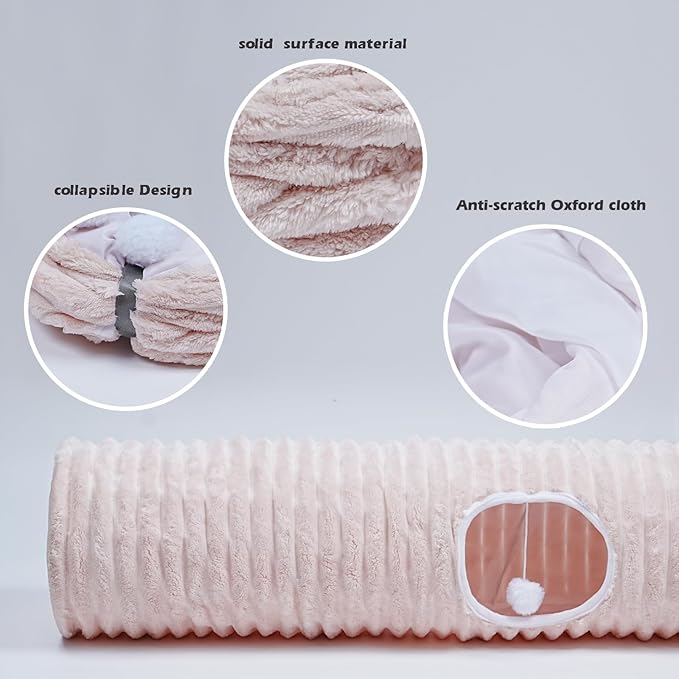 Luxurious Cat Tunnel,43" Straight Cat Tunnel Bed with Balls,Cat Toys for Indoor Cats,Collapsible Peekaboo Cat Cave for Kitten Toys(Pink Stripe)