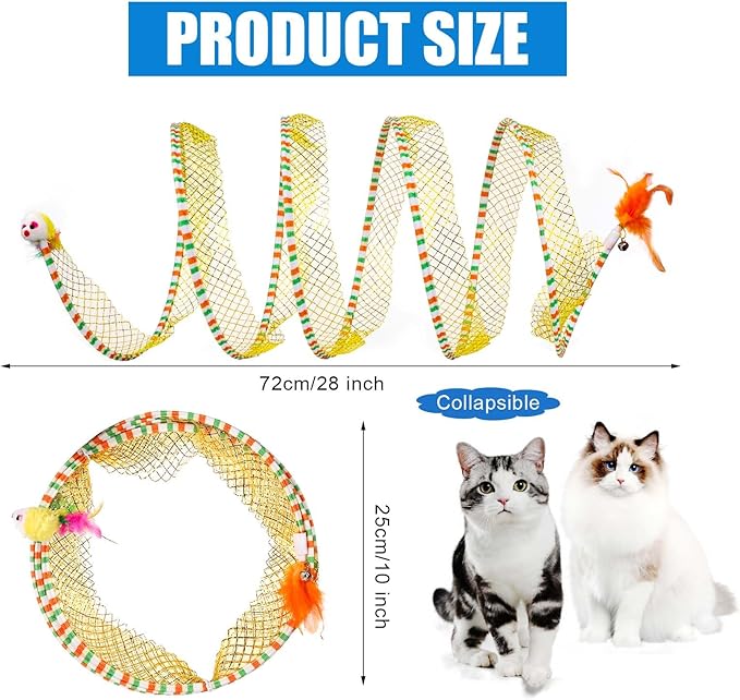 2pcs Cat Tunnels for Indoor Cat, S Type Folded Cat Tunnel Spring 10in Large Size Collapsible Spiral Cat Toy with Feather and Mouse Toy for Pet Puppy Kitten Interactive Exercise(Striped Yellow, Purple)