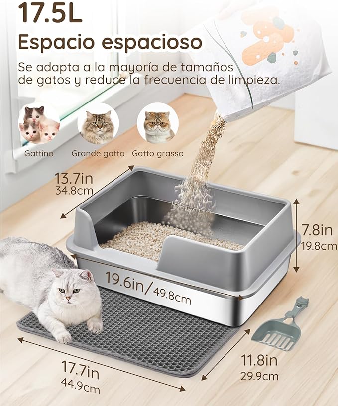 Stainless Steel Litter Box - Cat Metal Litter Box with Splash-Proof Lid, Easy Cleaning & Odor-Less Stainless Steel Cat Litter Box with Double Layer Litter Mat, Litter Scoop, Brush, 20” x14”