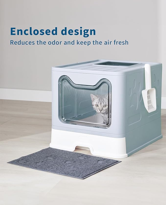 Cat Litter Box with Litter Mat and Scoop, Large Foldable Litter Box with Lid, Front Entry Top Exit Kitty Litter Box, Odor Control Easy Clean (Blue)