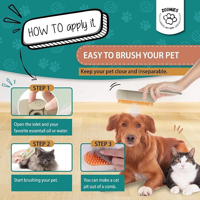 | Cat steam brush for shedding | 3-in-1 Steam brush for cats to remove loose hairs and reduce your cat's stress