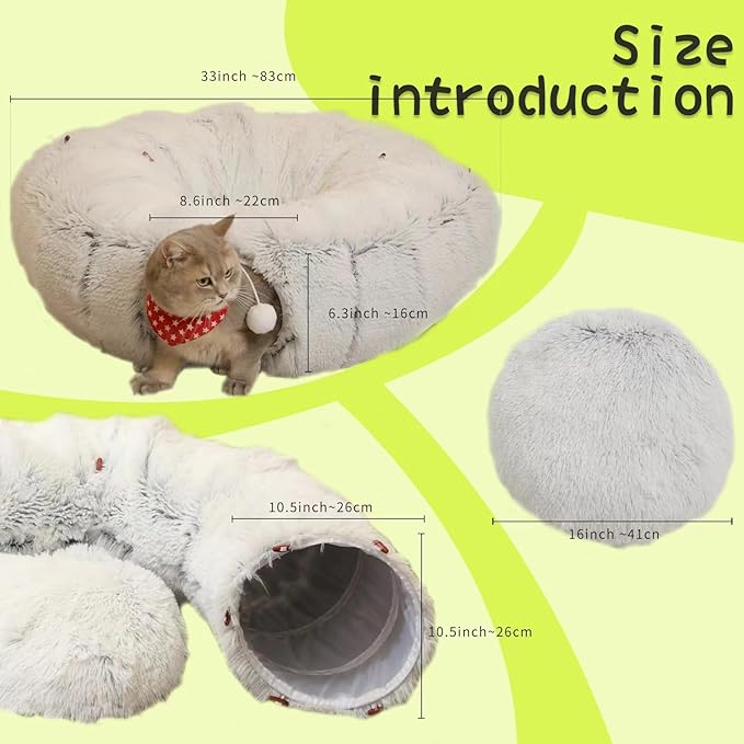 Warmer Plush Cat Play Tunnel Grey With Cat Bed For Indoor Cats Soft Plush Material Tubular Playground Toys Collapsible Multifunctional Cat Toys For Small Medium Large Cat Puppy Cat Play Tunnels (Grey)
