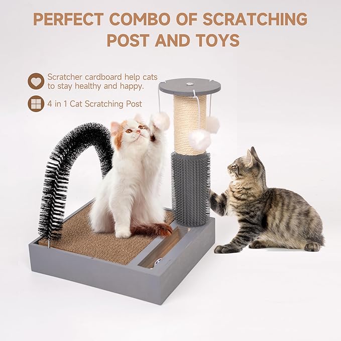 Cat Scratching Post with Cat Tower Tree and Cats Arch Self Groomer Massager Brush Kitty Ball Toys for Kittens,Cat Posts and Scratchers for Indoor Pets,Interactive Toy with Ball Track Spring Ballā¦