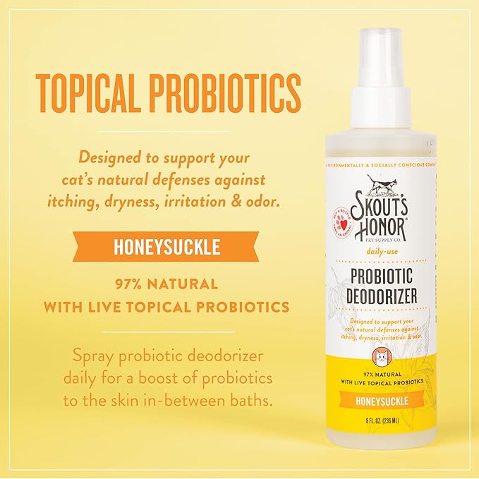 SKOUT'S HONOR Cat Deodorizer Spray- Hydrating Daily-Use with Avocado Oil & Omega-3s, Paraben & Sulfate-Free, 97% Natural, 8oz, Honesuckle