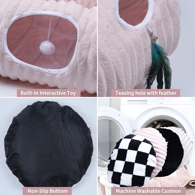 Cat Tunnel Bed,Cat Tunnel Bed with Soft Central Cat Couch,Cat Toys for Indoor Cats,Collapsible Peekaboo Cat Cave,Cat Donut Tunnel and Kitty Toy Set(Pink Stripe,Donut)